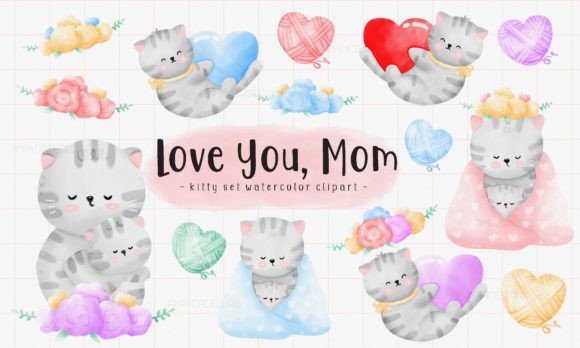 Download Love Mom Cat Watercolor Clipart - Premium Bundle
